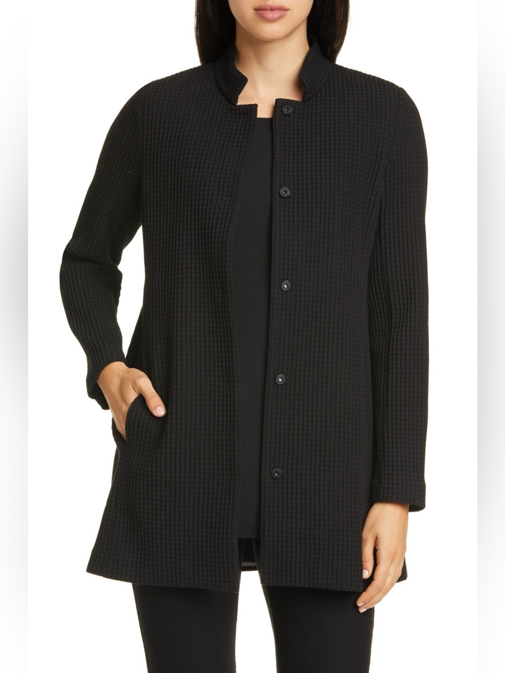 Eileen Fisher Black Grid Stretch Waffle-Knit Jacket Size Large Minimalist Staple